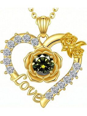 Heart-Shaped Birthstone Necklace for Women - Rose Flower Jewelry Gift